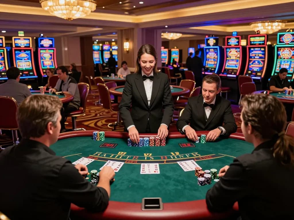 Engaged players at a tg88 blackjack table strategizing for their next moves in an upscale casino.
