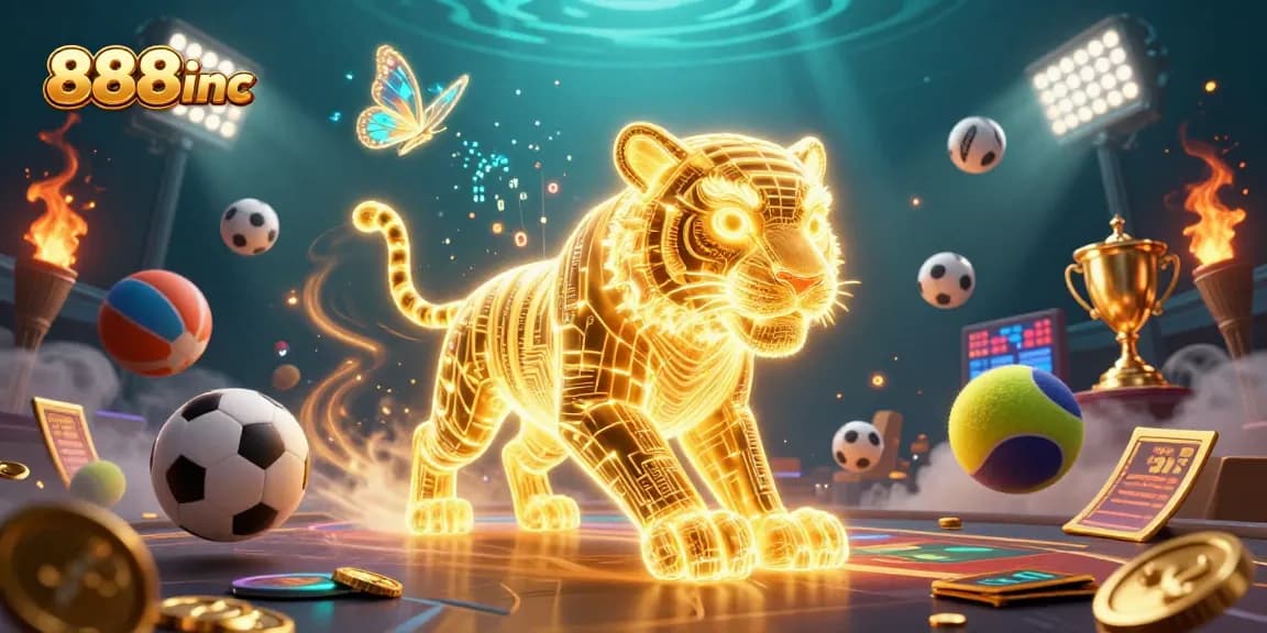 Experience thrilling gameplay at 888inc with a dynamic 3D casino illustration showcasing vibrant energy and excitement.