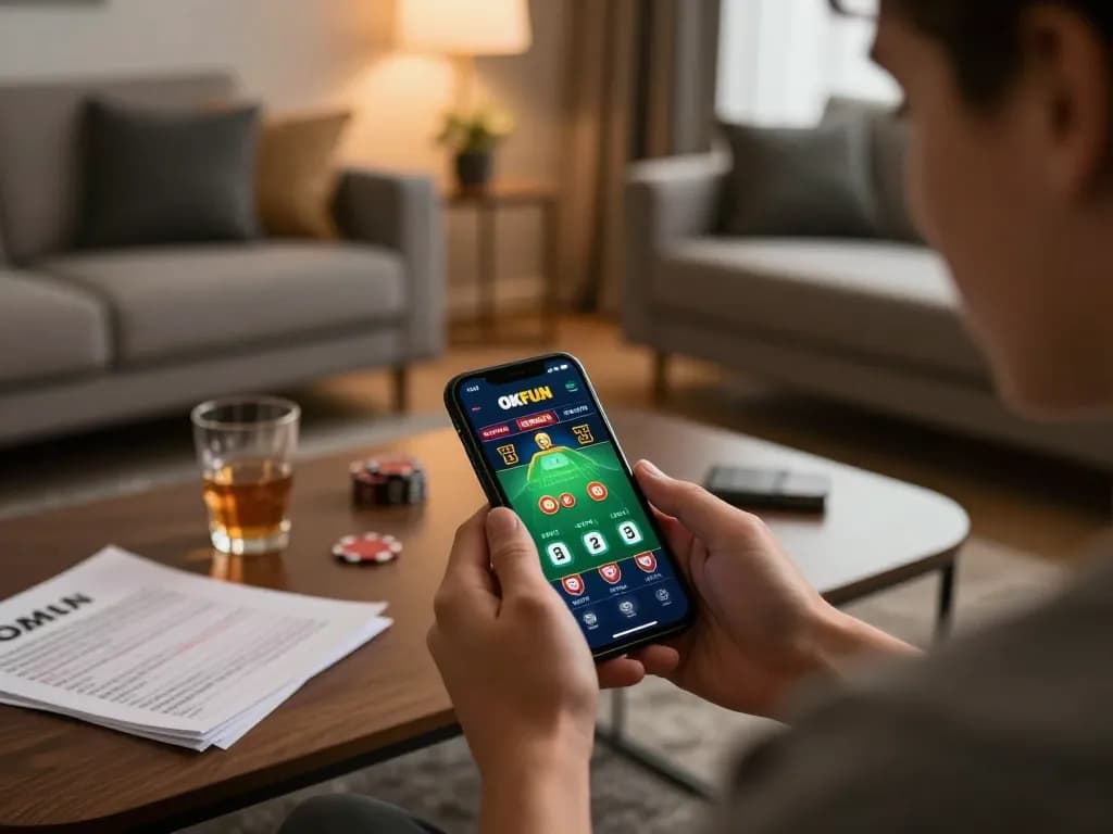 Betting excitement on the OKFUN app while enjoying a cozy home setting.
