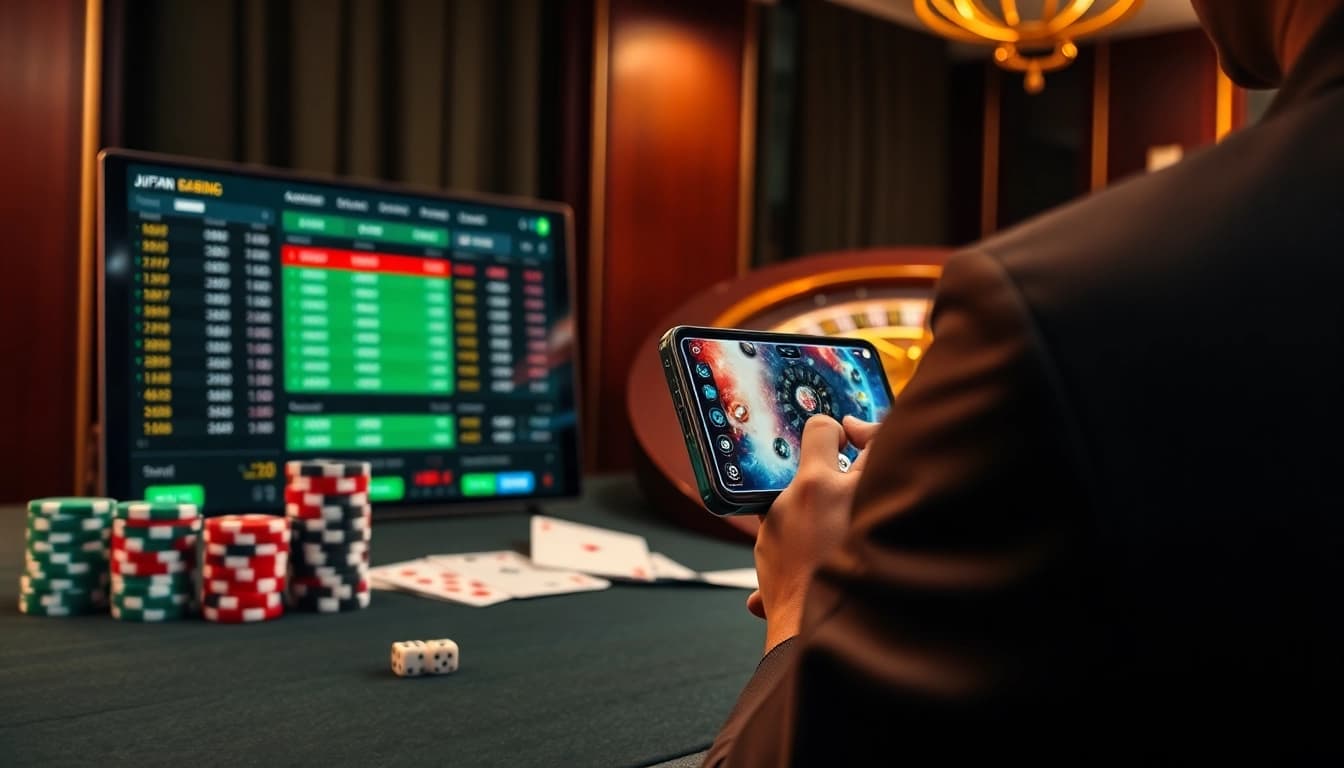 Engaged gambler placing bets on juraganbola’s live sportsbook with vibrant poker chips and roulette wheel