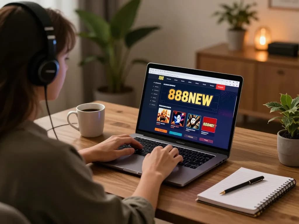 Engaging in an online casino game on 888NEW platform from a cozy home setup.