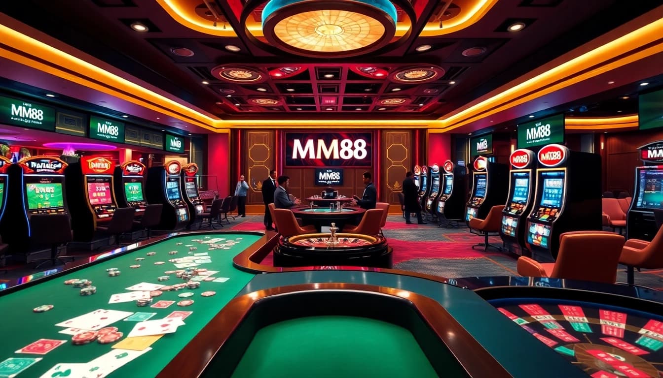 MM88 players enjoying a thrilling casino atmosphere with vibrant tables and slot machines.