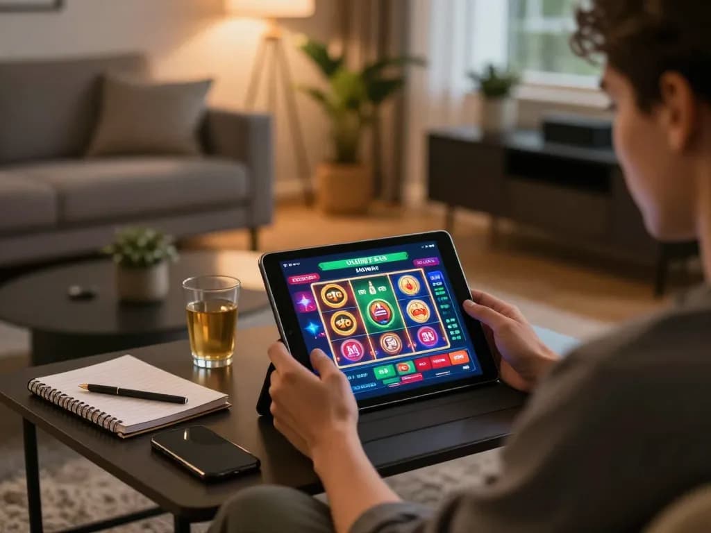 Engaging in online slot gaming at home using a tablet, showcasing situs slot strategy.