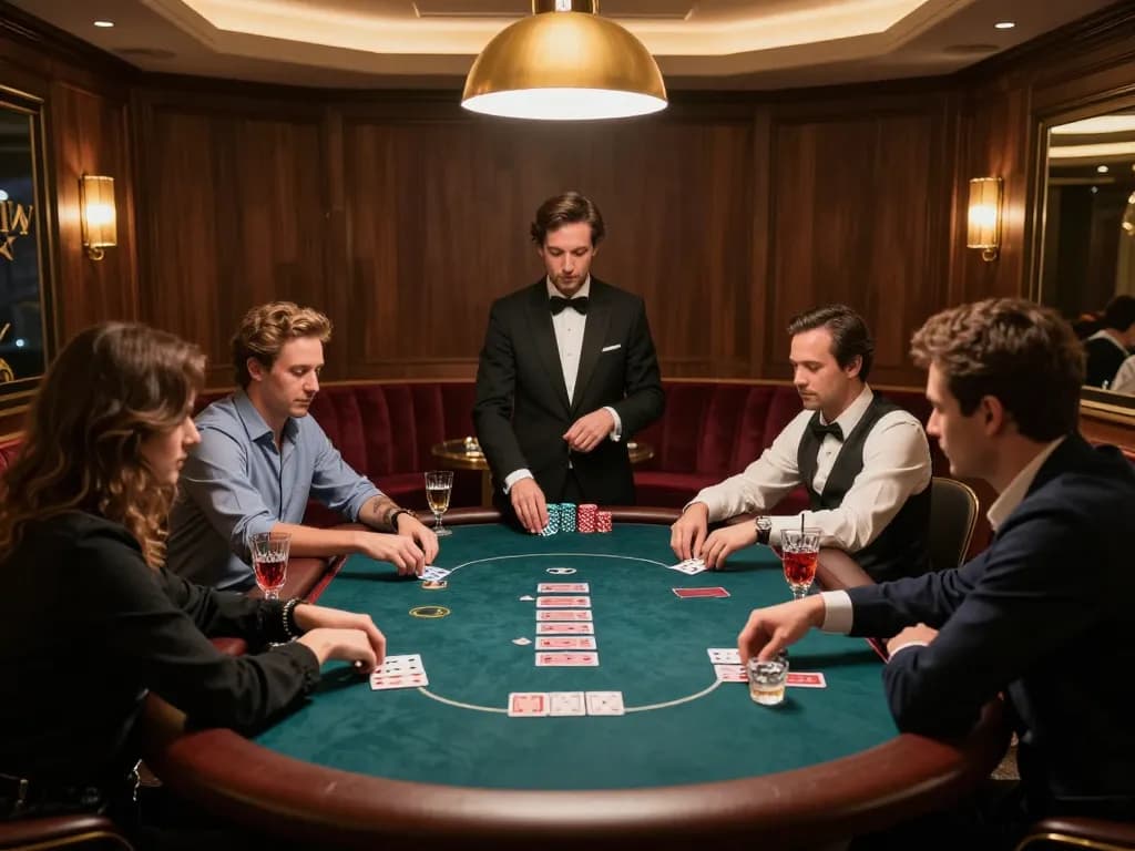 mm88 players enjoying high-stakes poker in a luxurious VIP gaming room with attentive dealer
