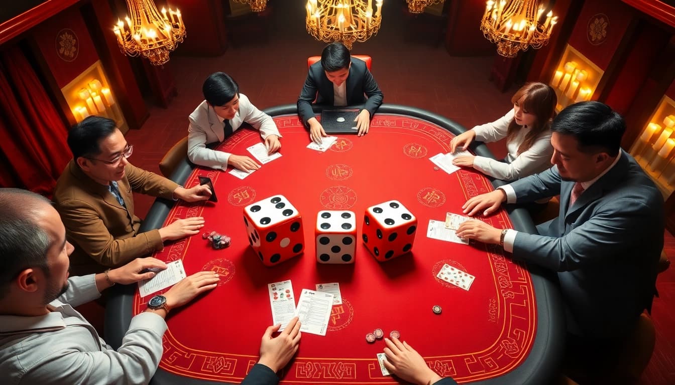 Players passionately engage at a Tai Xiu table in a luxurious casino, focused on dice rolling.