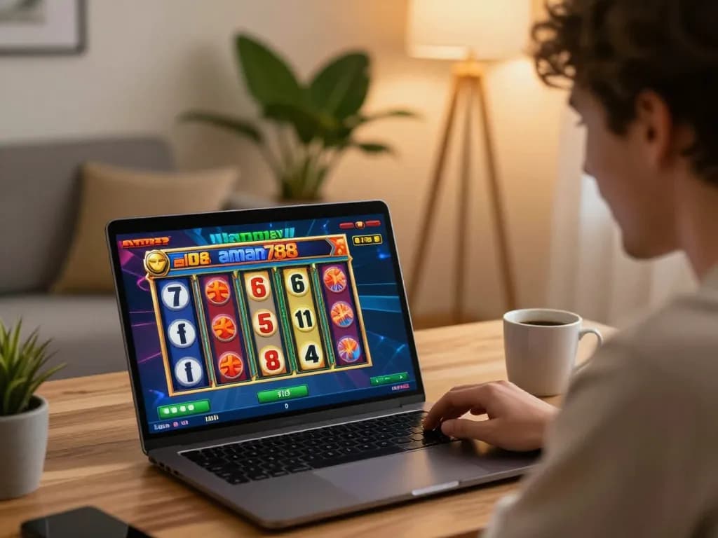 Terlibat dalam permainan aman788 slot online di laptop yang dikelilingi oleh suasana rumah yang nyaman.