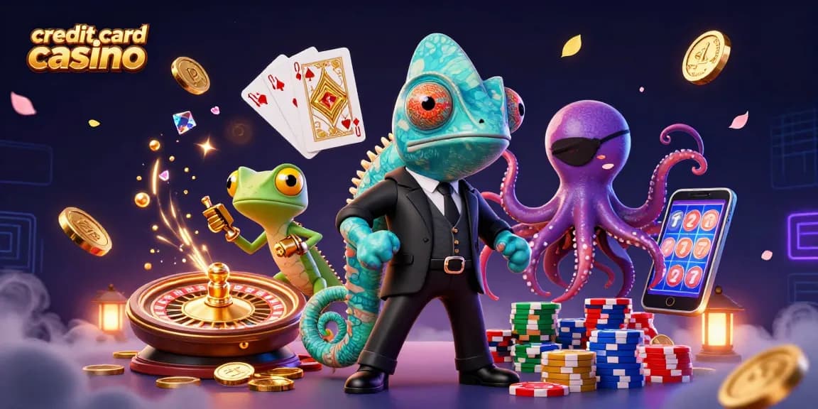 Vibrant scene from a credit card casino depicting vibrant characters surrounded by coins and games.