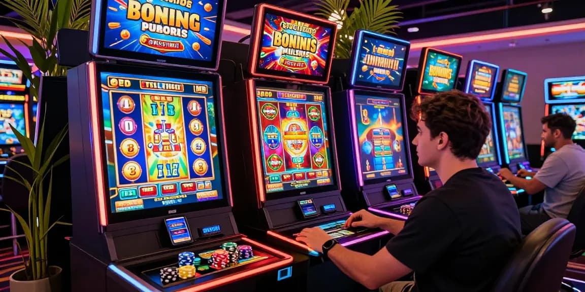 Player immersed in buy feature slots gaming at home with vibrant screens and energetic atmosphere.