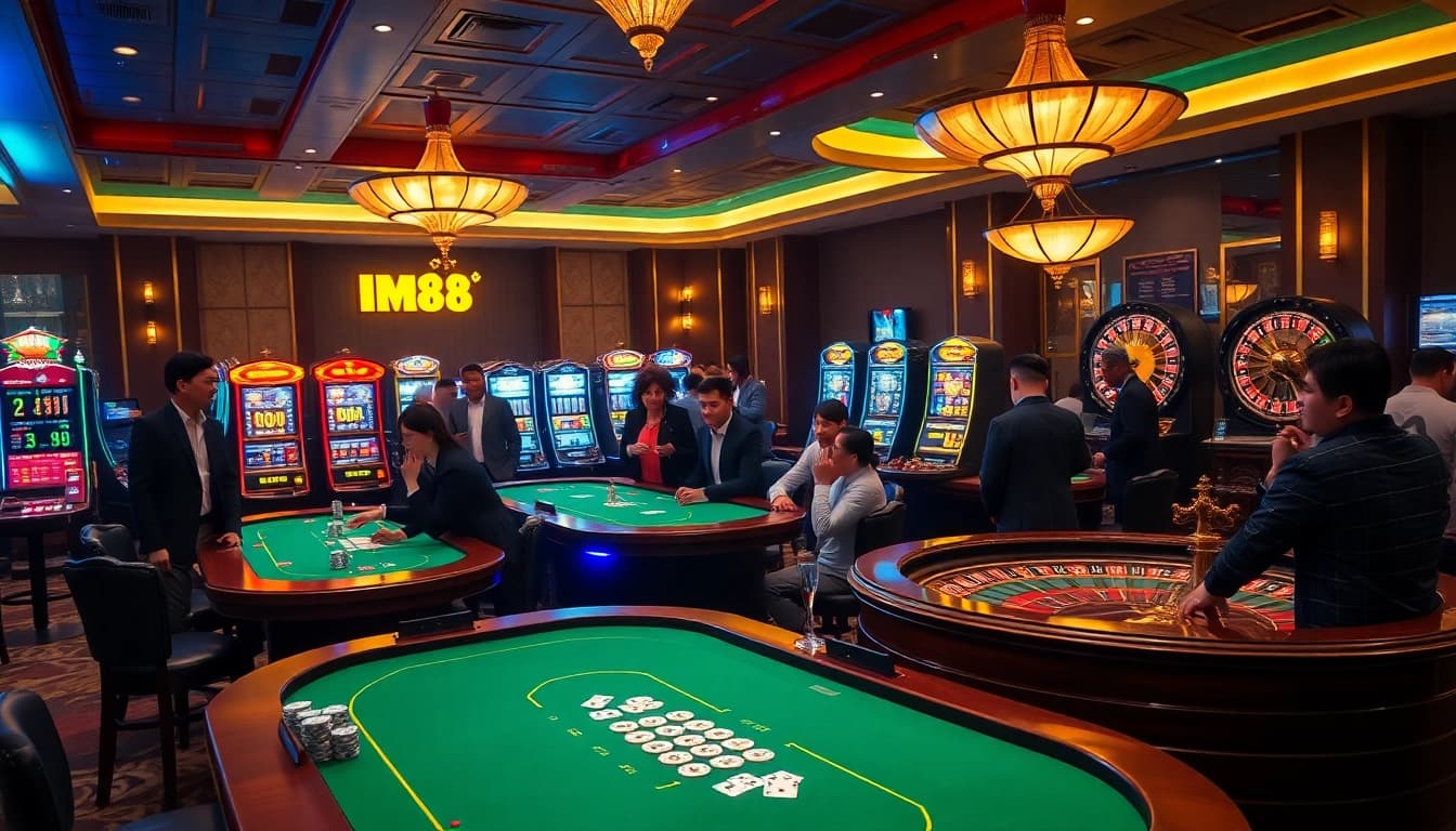 M88 casino tables adorned with players engaged in exciting gambling experiences, showcasing professional gameplay.