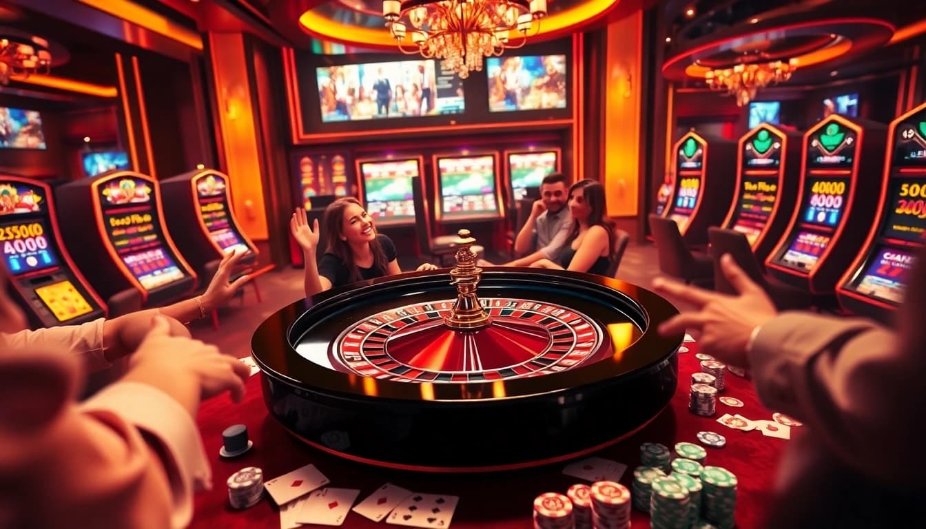 S8 live gaming action featuring a luxurious roulette table with excited players and vibrant casino elements.