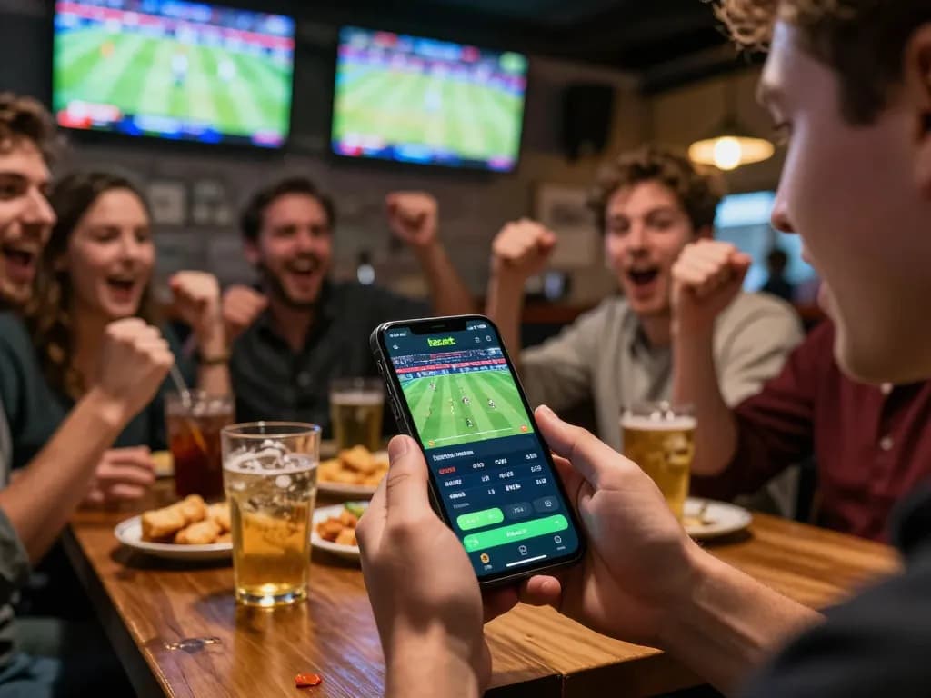 Kebet plataforma showcases a user actively engaging in sports betting from their smartphone at a vibrant sports bar.