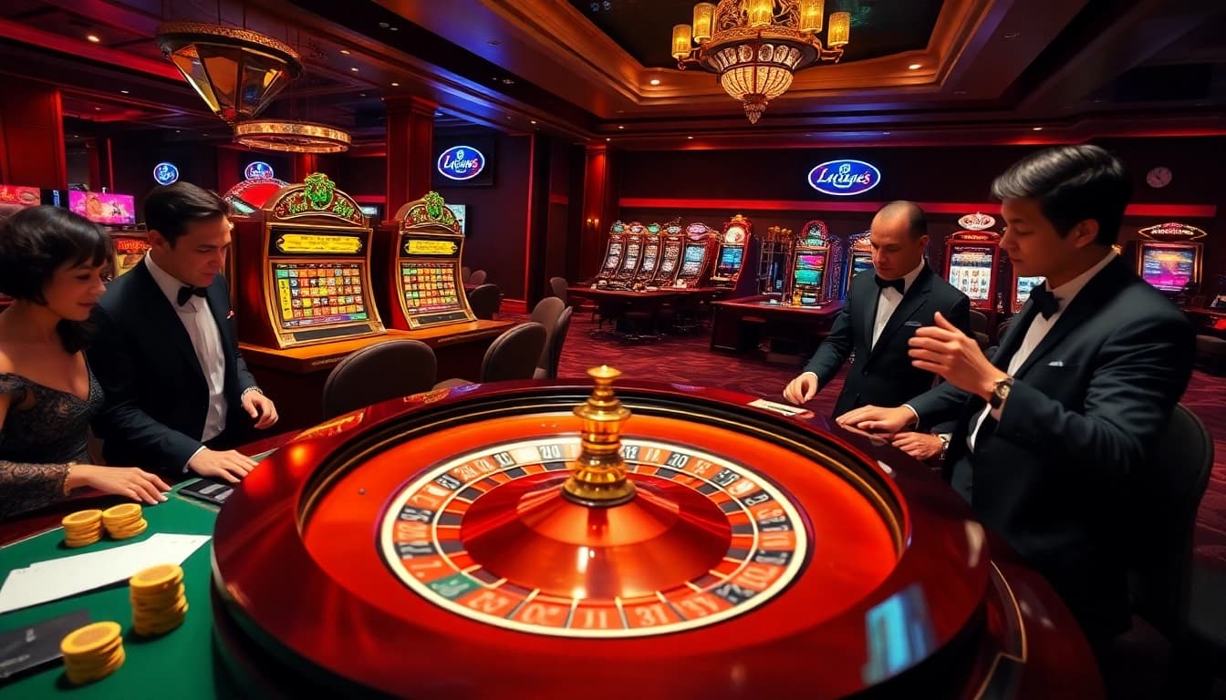 Experience the excitement of gaming with https://go8f.com/ at this vibrant casino scene featuring roulette and poker.