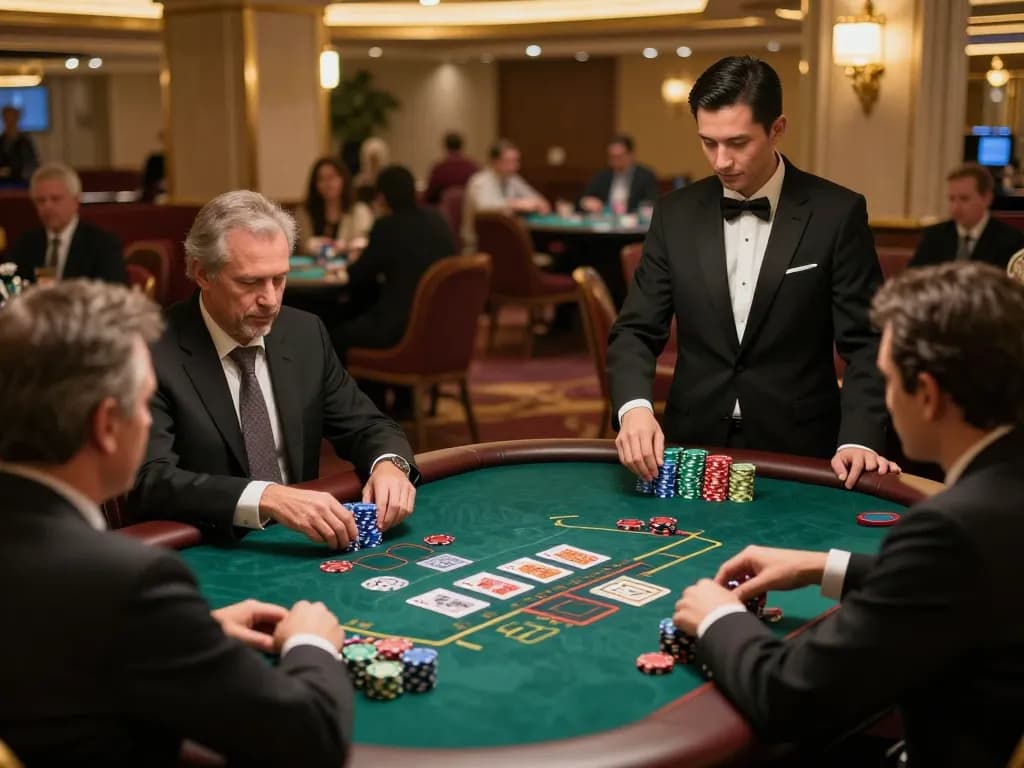 Players enjoying blackjack at an upscale casino table showcasing strategic gameplay with 98win98 atmosphere