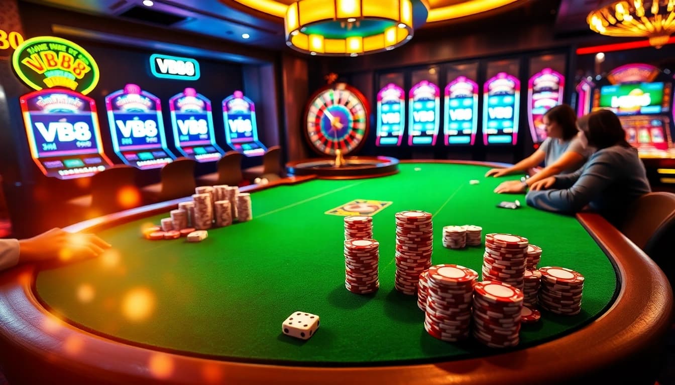 Experience the thrill of VB88 at a vibrant casino with poker chips and a spinning roulette wheel.