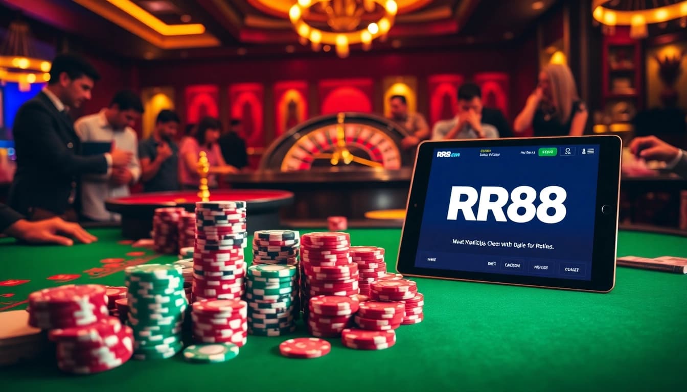 Experience luxury gaming with RR88 in a vibrant casino scene featuring poker chips and cards.