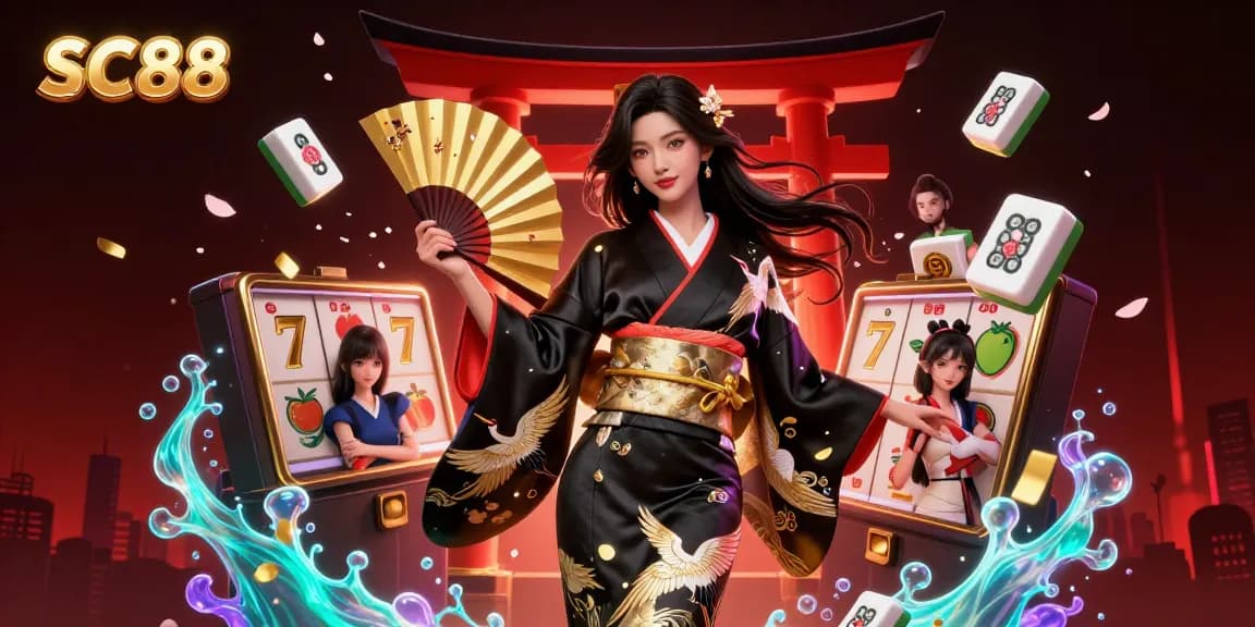 Win big with SC88 in a dynamic casino scene featuring slot reels and vibrant lucky symbols.