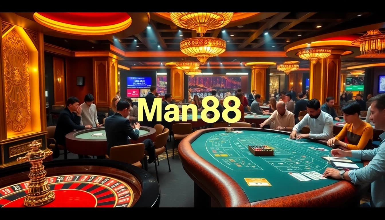 Betting excitingly at a luxurious casino table featuring Man88 poker chips and cards.