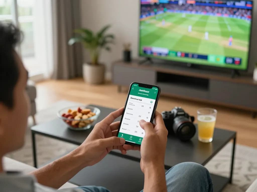Bet on your favorite games with the Jeetbuzz Download App displayed on a smartphone in a modern living room.