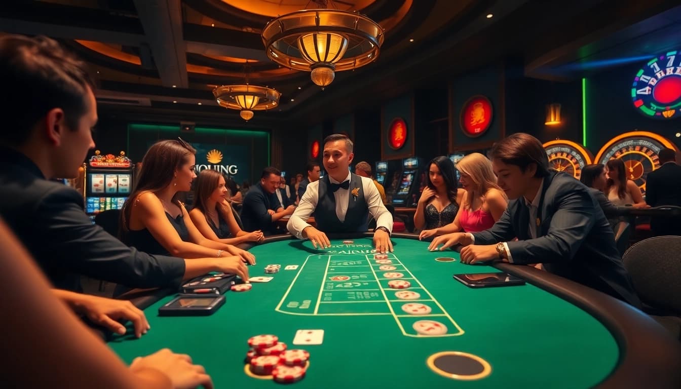Experience Evolution live blackjack with dealers and players in an upscale casino setting.