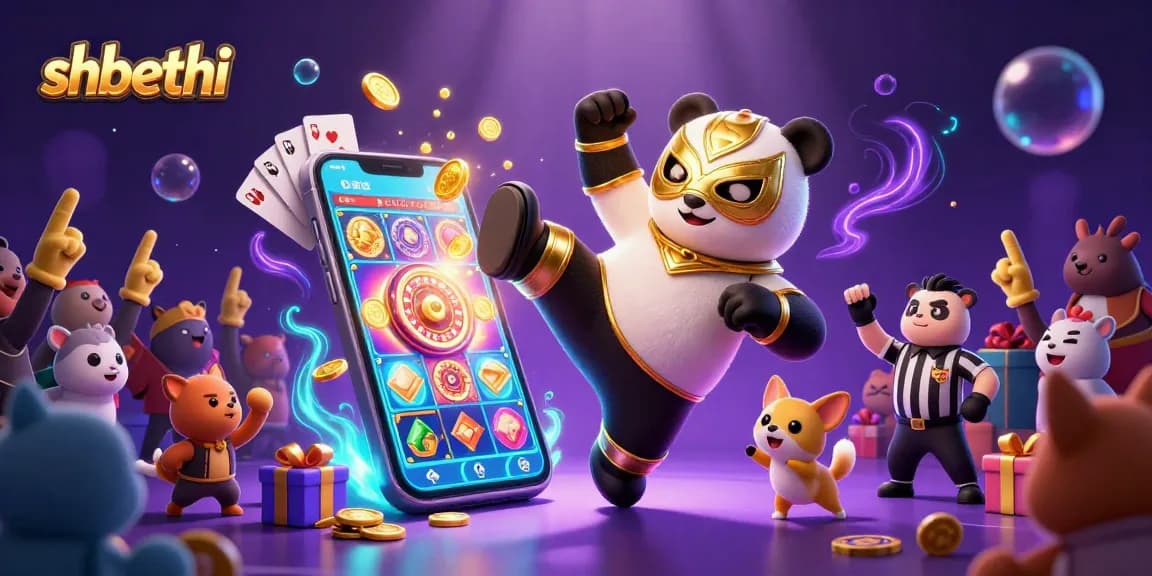 Engage in thrilling gameplay with shbethi, featuring a panda wrestler amid vibrant casino elements.