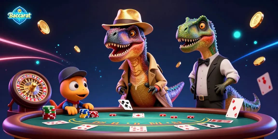 Baccarat scene featuring a velociraptor card counter at a table, surrounded by dynamic casino elements.