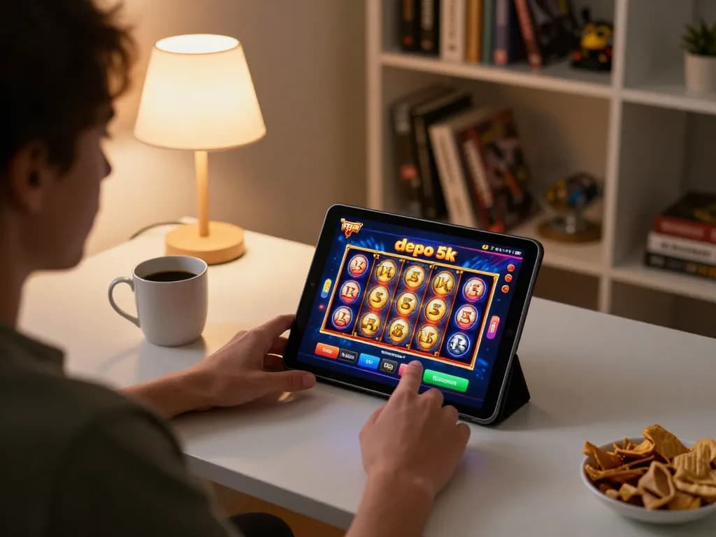 Engaging gameplay on slot depo 5k displayed on tablet with vibrant graphics in a cozy home setting.