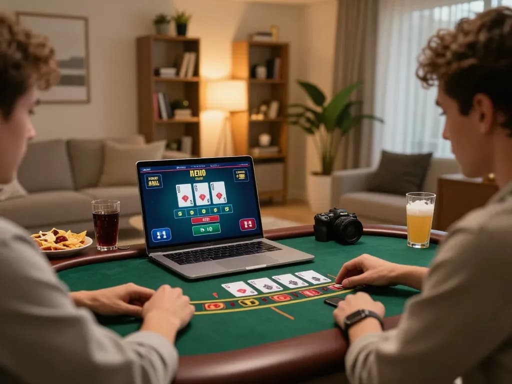 Engage in responsible gaming at home with bem88's live dealer blackjack setup on a laptop.