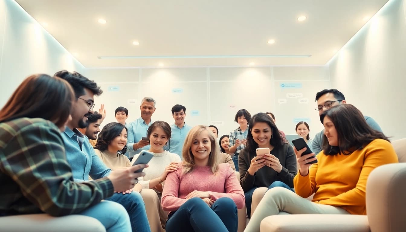 مشهد دردشة رقمية جذّاب في شات الرياض، يعرض مستخدمين متنوعين يتفاعلون عبر الهواتف الذكية وأجهزة اللاب توب.