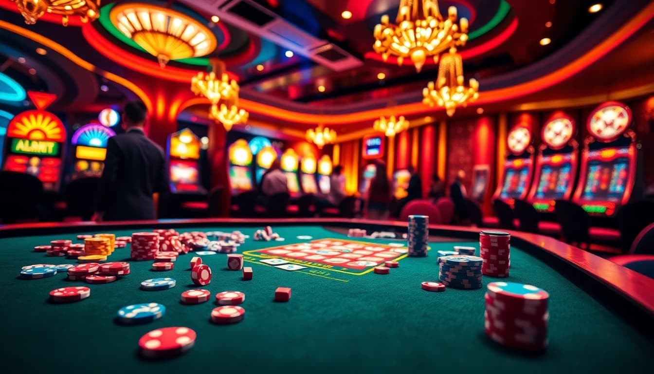 Exciting gaming atmosphere at b52club hlg casino with poker chips and roulette wheel.