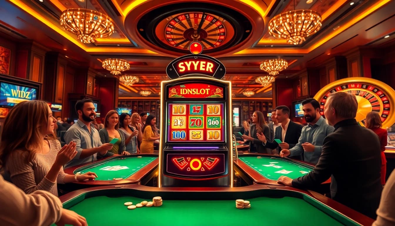 IDNSLOT players winning on a vibrant slot machine in an upscale casino setting