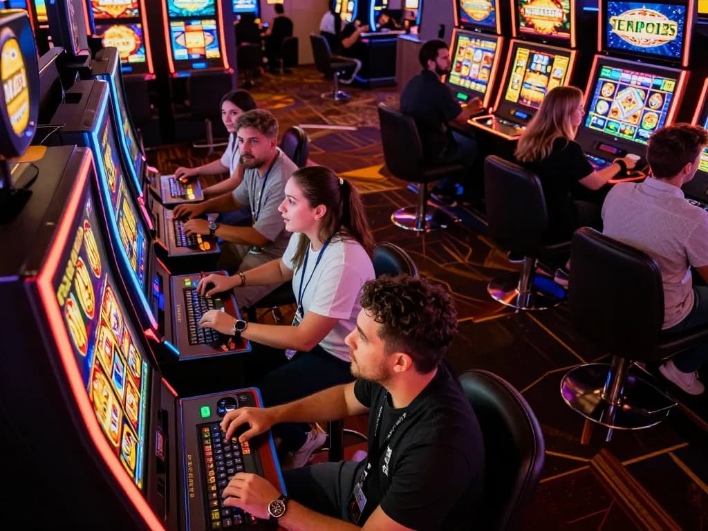 Engaging gameplay moment of Tempo123 Slot with players at vibrant colorful slot machines in a casino.