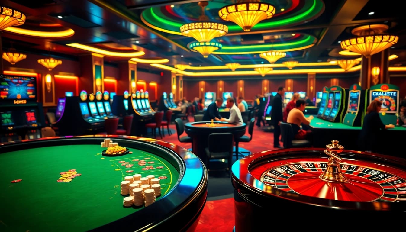Exciting gambling action at nhà cái mm88 with poker chips and roulette wheels in a luxurious casino setting.