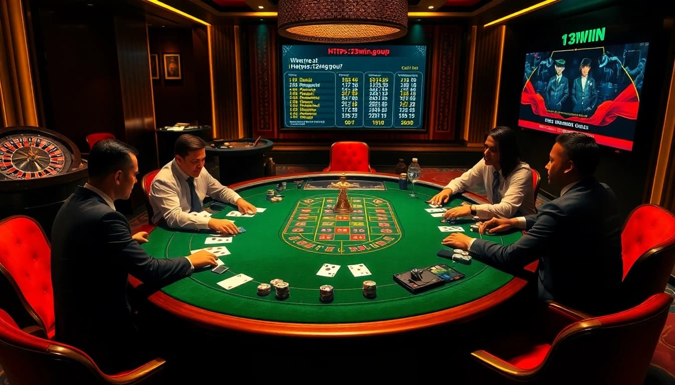 Experience high-stakes poker at https://13win.group/, showcasing professional players and casino ambiance.