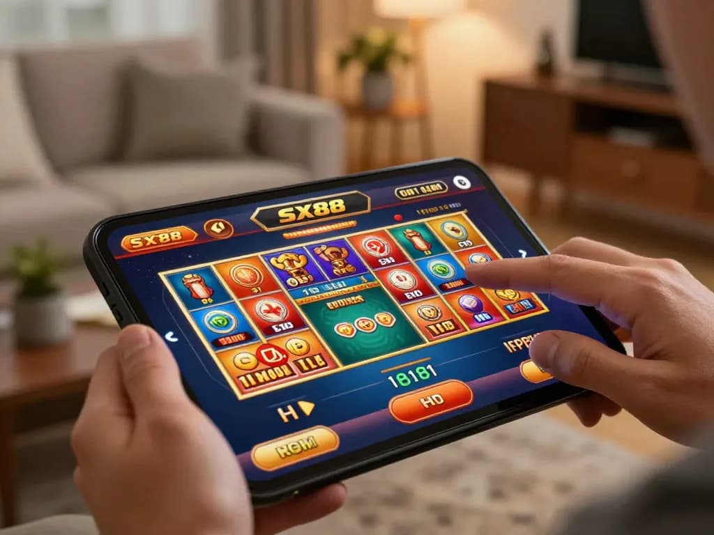 SX88 user enjoying online casino games on smartphone, engaging with vibrant slots and poker.