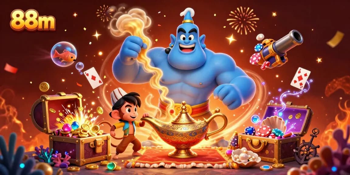 Experience the magic of 88m with a powerful genie and vibrant casino-themed elements.