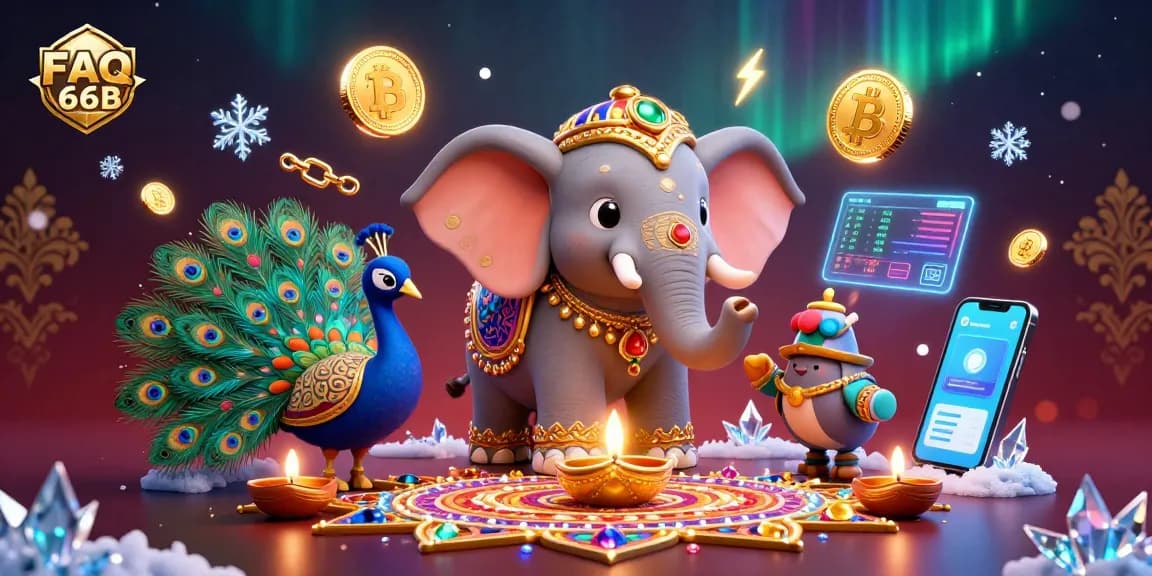Play exciting games with FAQ 66B, featuring a vibrant elephant and peacock against a rich casino-themed backdrop.