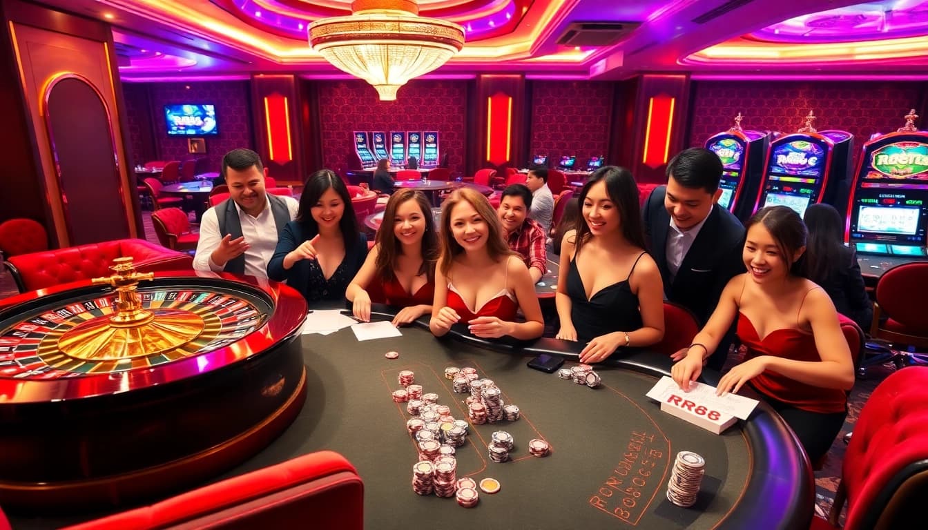 Exciting table games at nhà cái rr88 featuring roulette, poker chips, and vibrant casino décor.