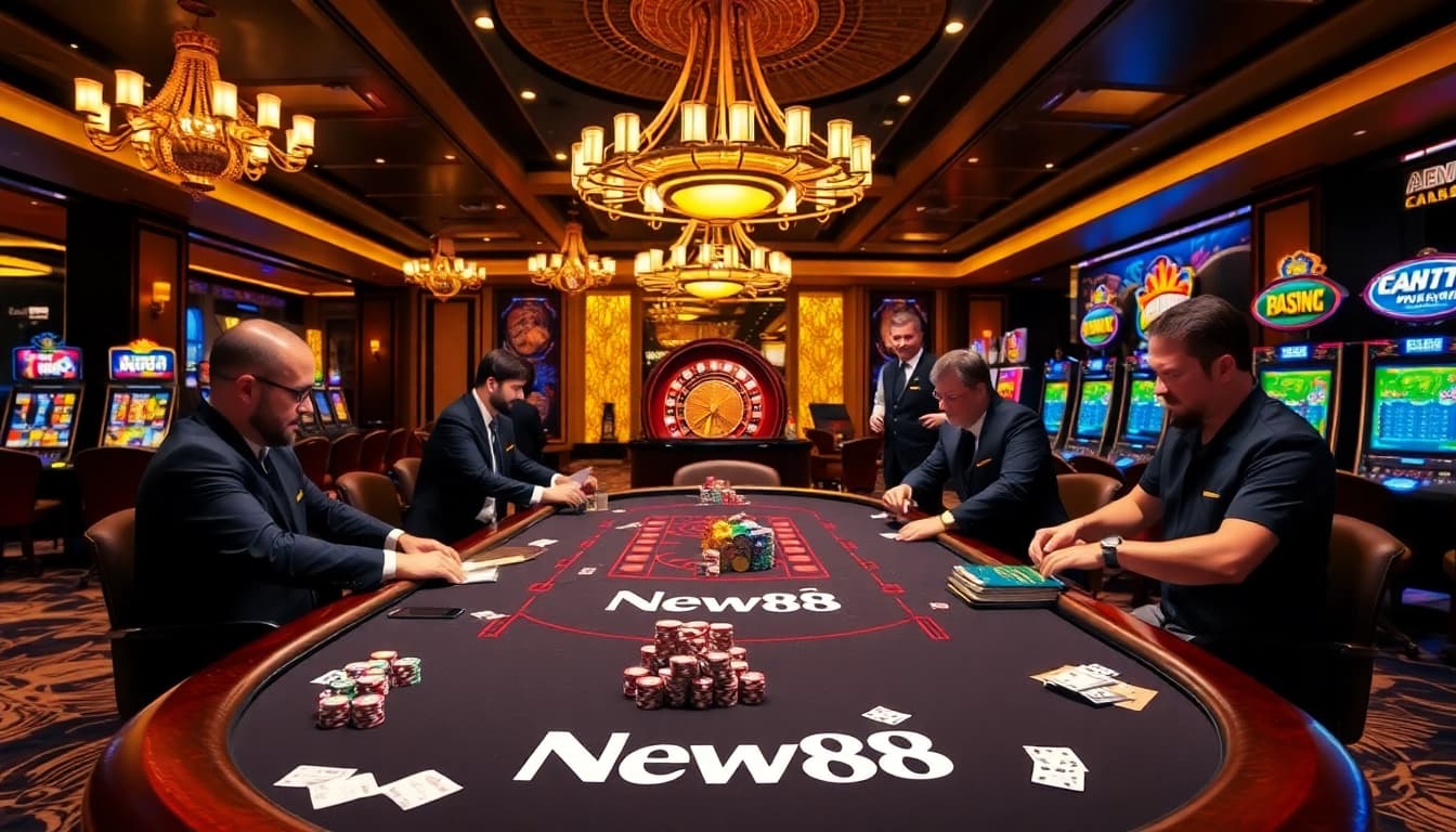 Experience thrilling gameplay with New88 at a luxury casino table surrounded by vibrant gaming elements.