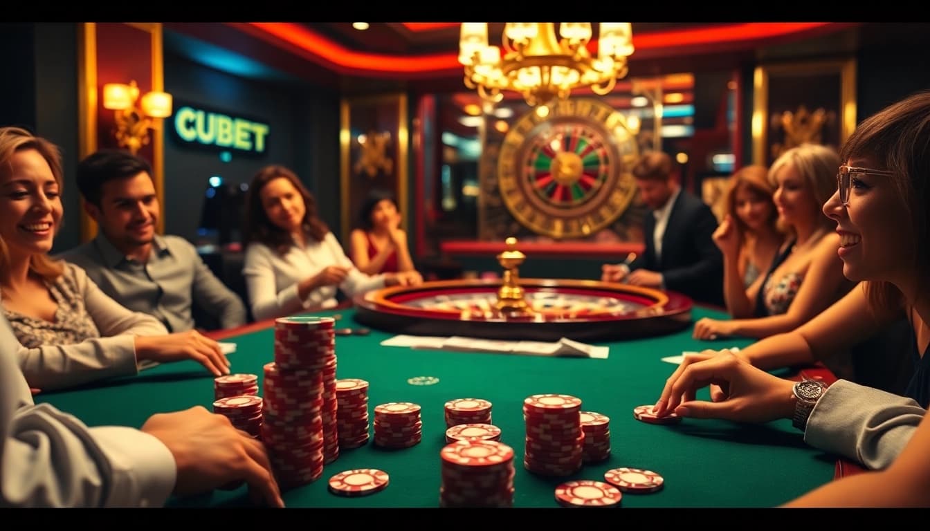 Kubet players engaging intensely at a luxurious poker table with cards and chips.