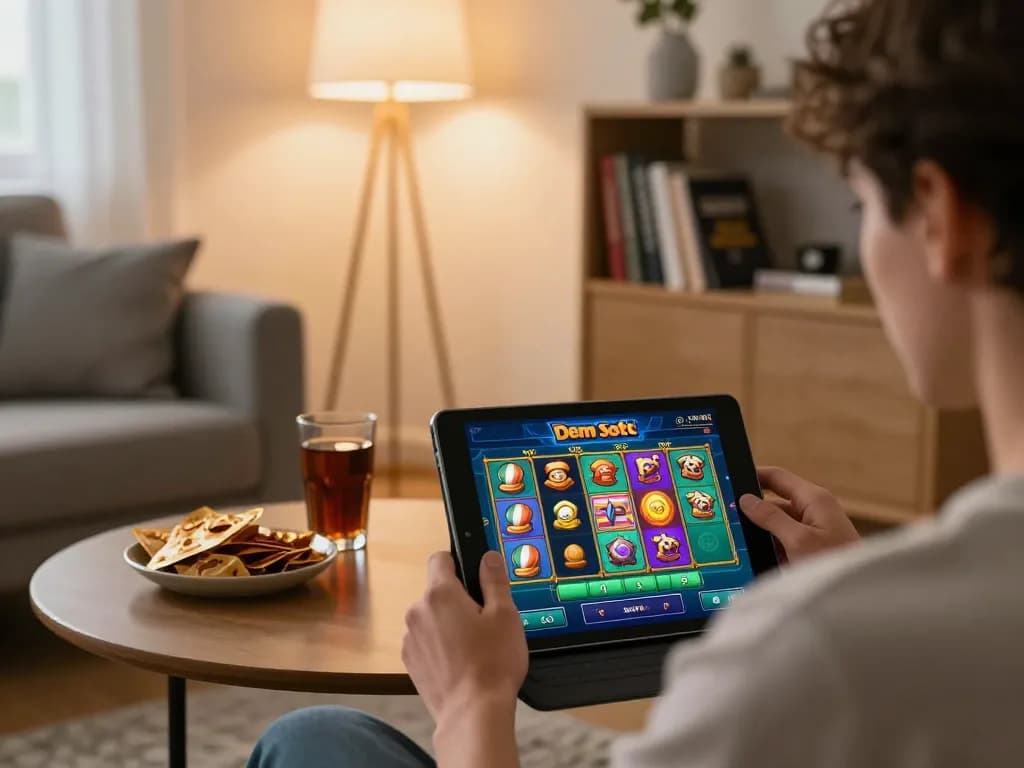 Skena permainan rumah yang menarik menunjukkan seorang pemain menikmati slot Demo PG Soft di tablet dengan grafis permainan yang cerah