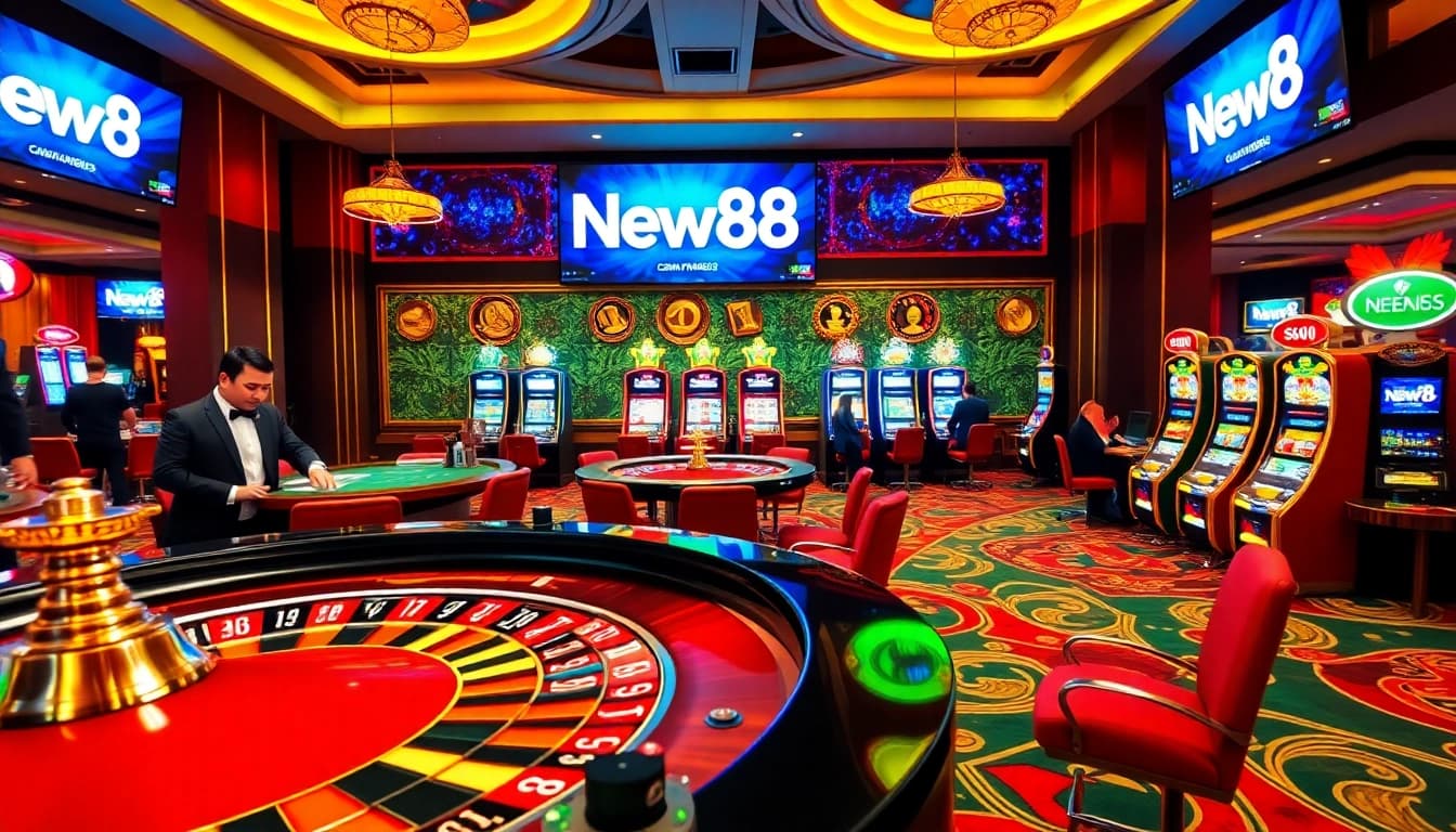 Engaging scene of New88 online casino with players enjoying poker and roulette.