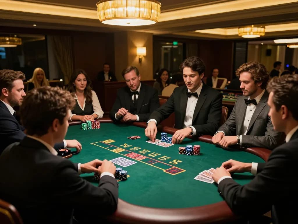 Players enjoying intense blackjack action at 789F casino table under warm lighting, showcasing strategic gameplay.