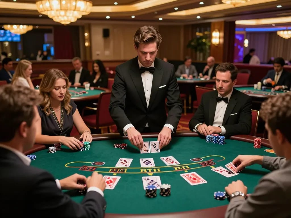 Engaging scene of players strategizing at Canadian online casinos blackjack table, showcasing intense gaming action.