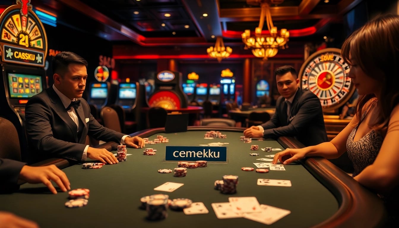 Cemeku poker players engage at a luxurious casino table, showcasing excitement and strategy.