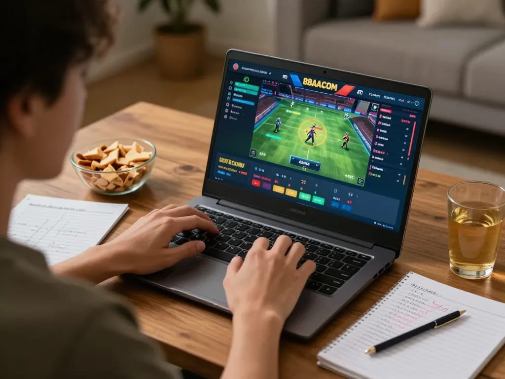 Engaging in sports betting on 88AA COM from home, showcasing a cozy and strategic gaming atmosphere.