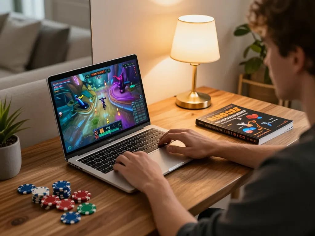 Engaging player enjoying King33 online casino game on laptop with poker chips.