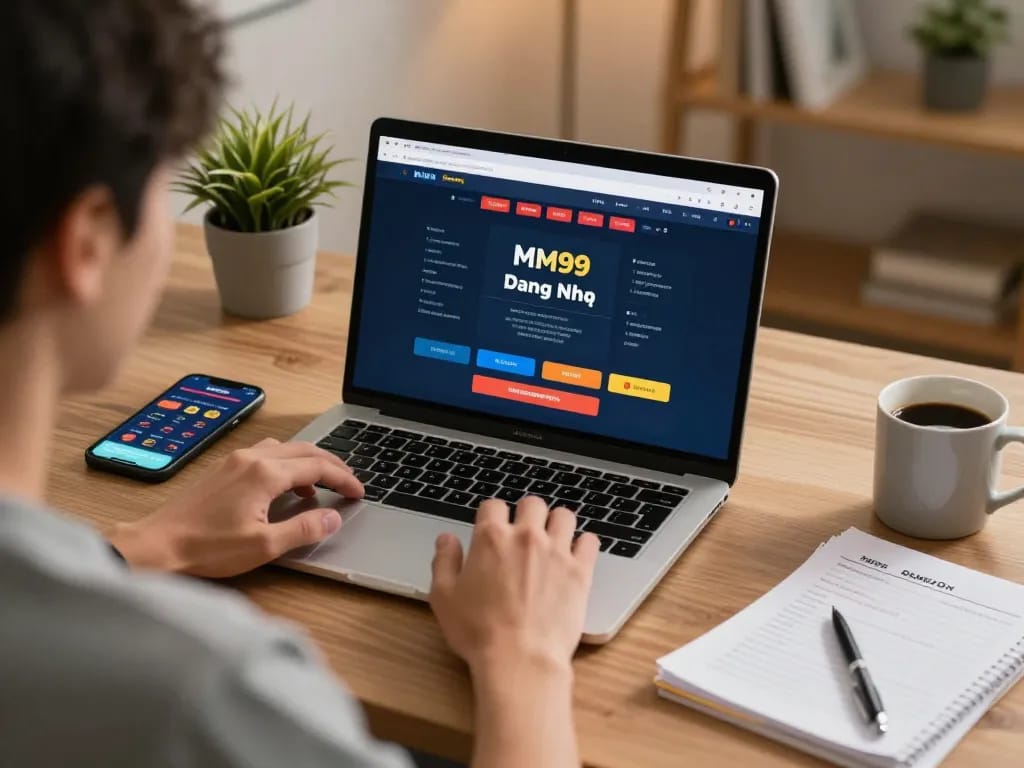 Engaging in MM99 Đăng Nhập online gaming from a comfortable home office setup, laptop displaying live casino action.