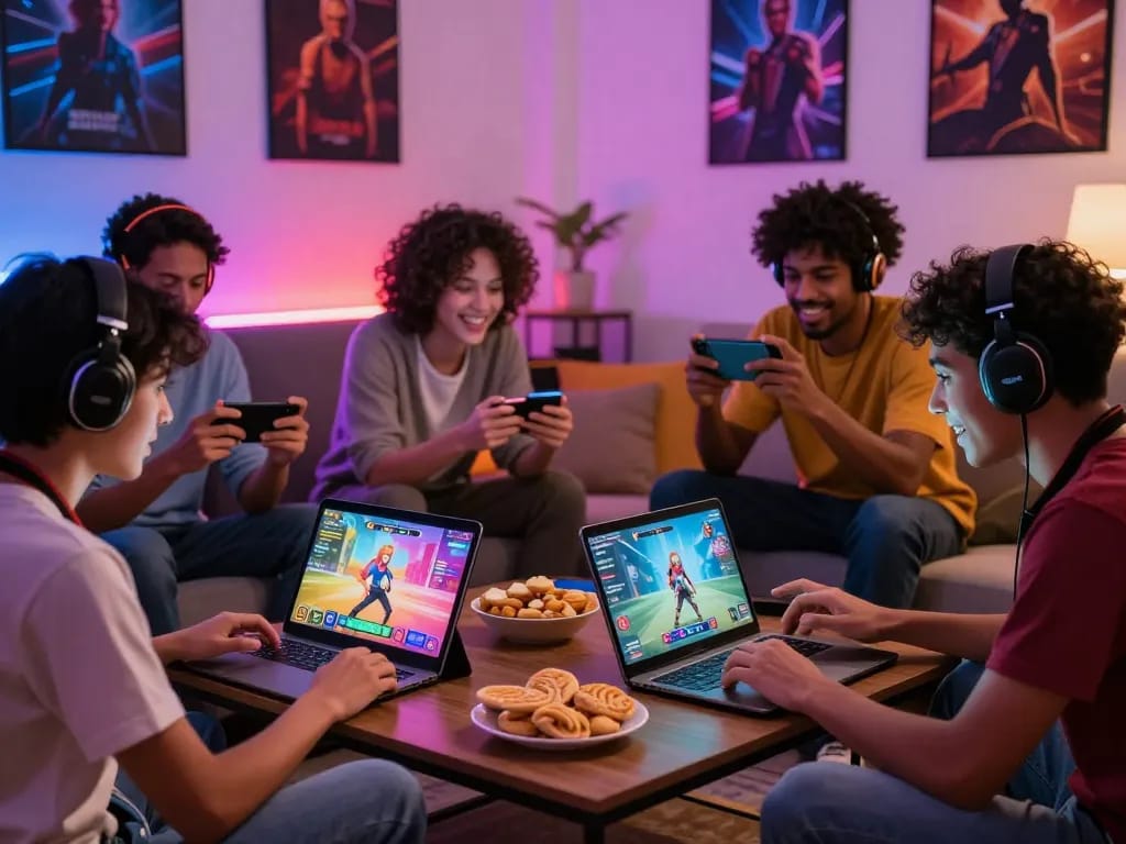 Group of gamers enjoying various porngames on laptops and tablets in a cozy living room setting.
