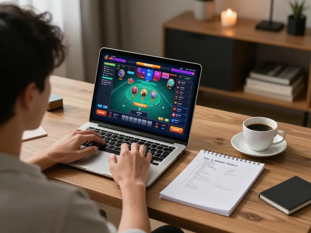 Kuwin player engaged in strategic online gaming with detailed notes and vibrant interface