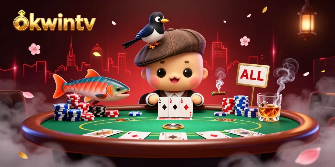 Enjoying a vibrant game of poker with okwintv, featuring cartoon characters and casino elements.